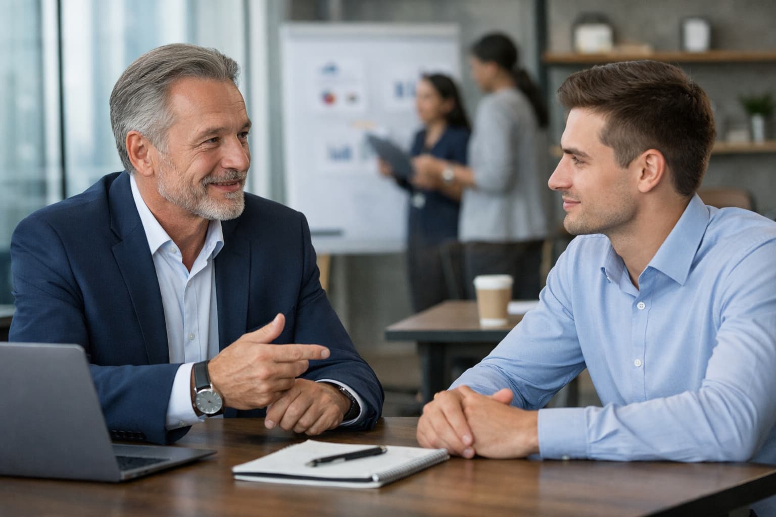 Dono experiente conversa com gestor jovem em reunião corporativa, com laptop e anotações sobre a mesa, simbolizando transição de liderança e organização empresarial.