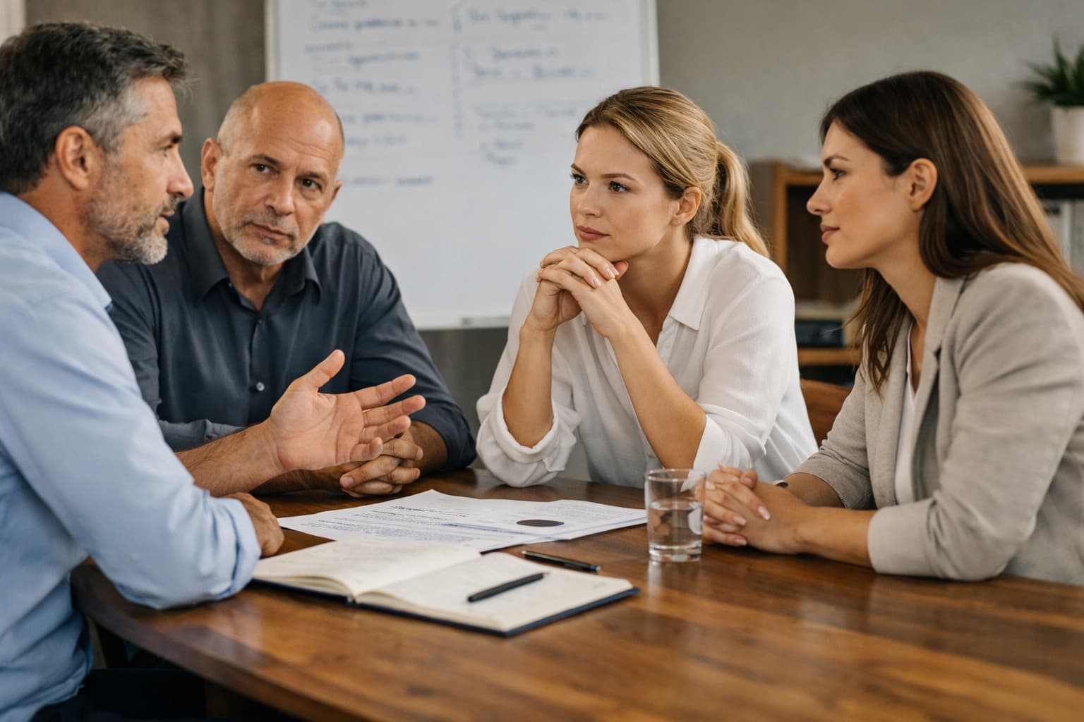 Quatro profissionais reunidos em mesa de trabalho discutem um encaminhamento, sem uso de computadores ou telas, em ambiente corporativo.