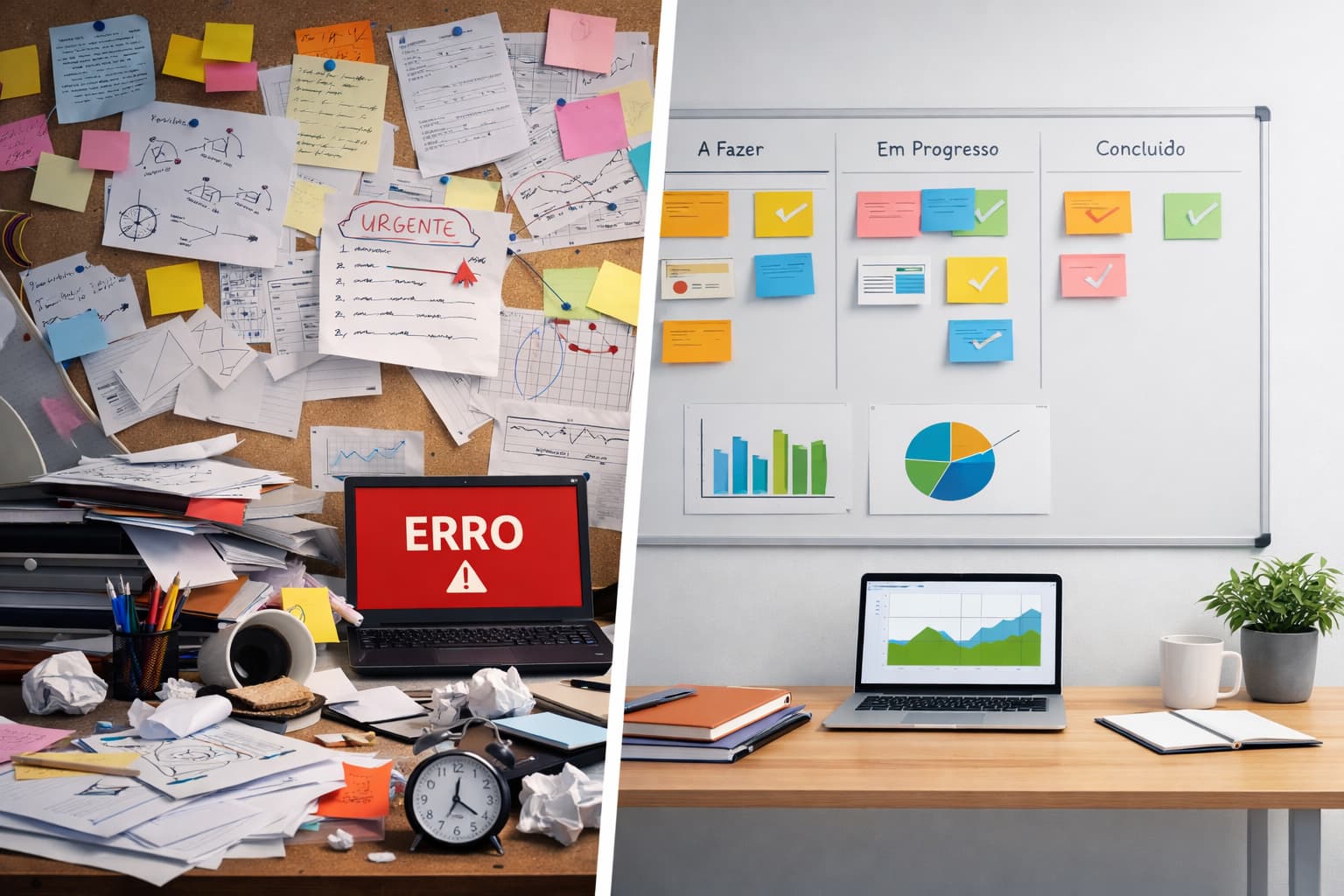 Imagem dividida entre um ambiente de trabalho caótico, com papéis espalhados e avisos urgentes, e outro organizado, com quadro visual simples e tarefas claras.