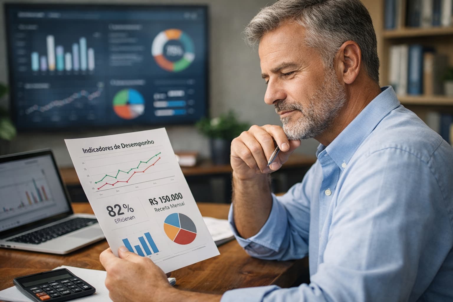 Empresário sentado em escritório observa relatório impresso com gráficos de desempenho e indicadores financeiros, enquanto painel com dados aparece ao fundo.
