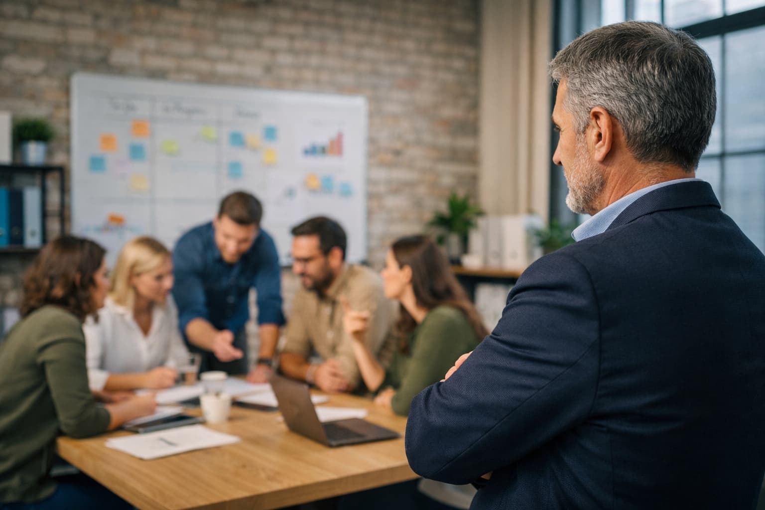 Empresário em pé observa grupo de gestores reunidos em mesa discutindo projetos e analisando documentos, enquanto tomam decisões de forma independente.