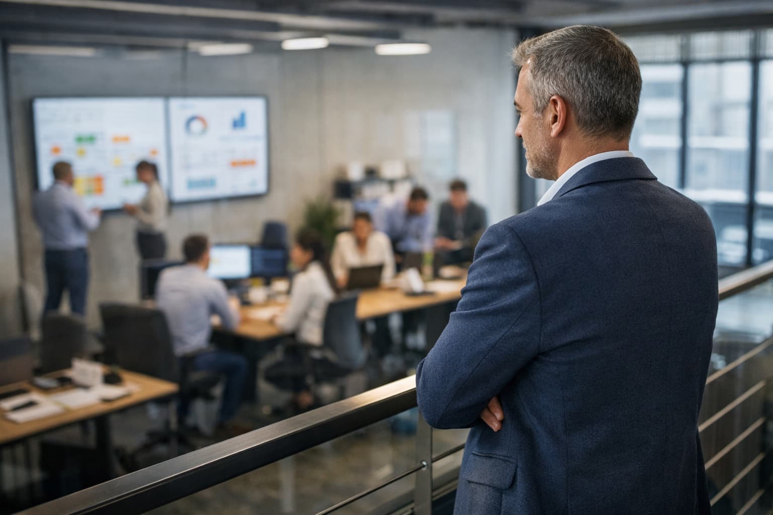 Empresário observa a equipe trabalhando em um escritório moderno, de um ponto elevado, enquanto os gestores analisam indicadores visuais em painéis ao fundo.