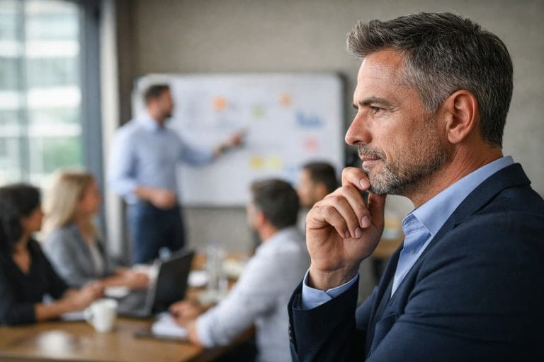 Empresário observa equipe reunida em sala de reunião enquanto um colaborador apresenta informações em quadro ao fundo.