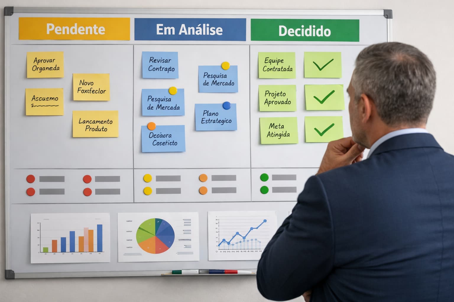 Homem de negócios observa quadro dividido em “pendente”, “em análise” e “decidido”, com cartões e gráficos que mostram o andamento de decisões internas.