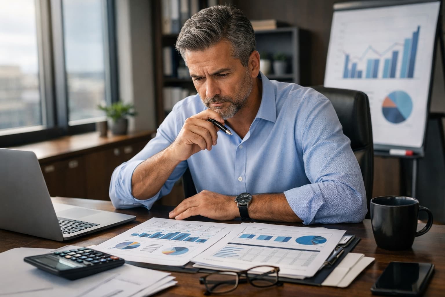 Homem sentado em escritório revisando planilhas financeiras e gráficos ao lado de um laptop e calculadora