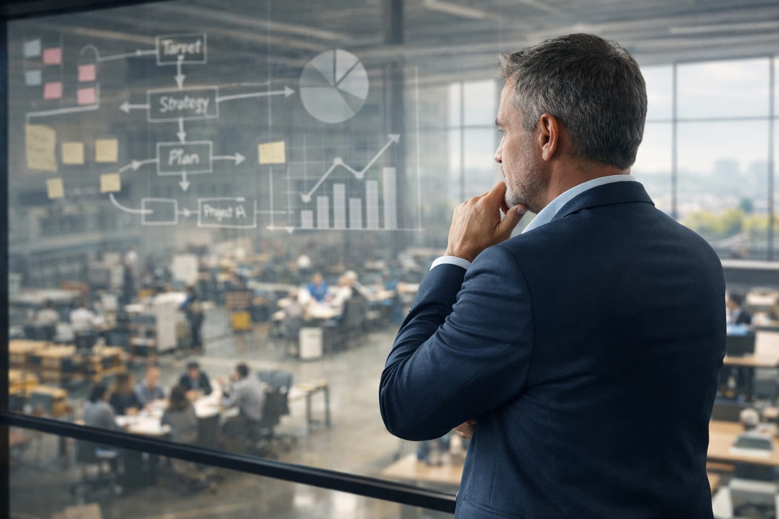 Empresário em pé diante de uma janela de vidro, olhando a área operacional da empresa enquanto gráficos e fluxos aparecem refletidos no vidro.