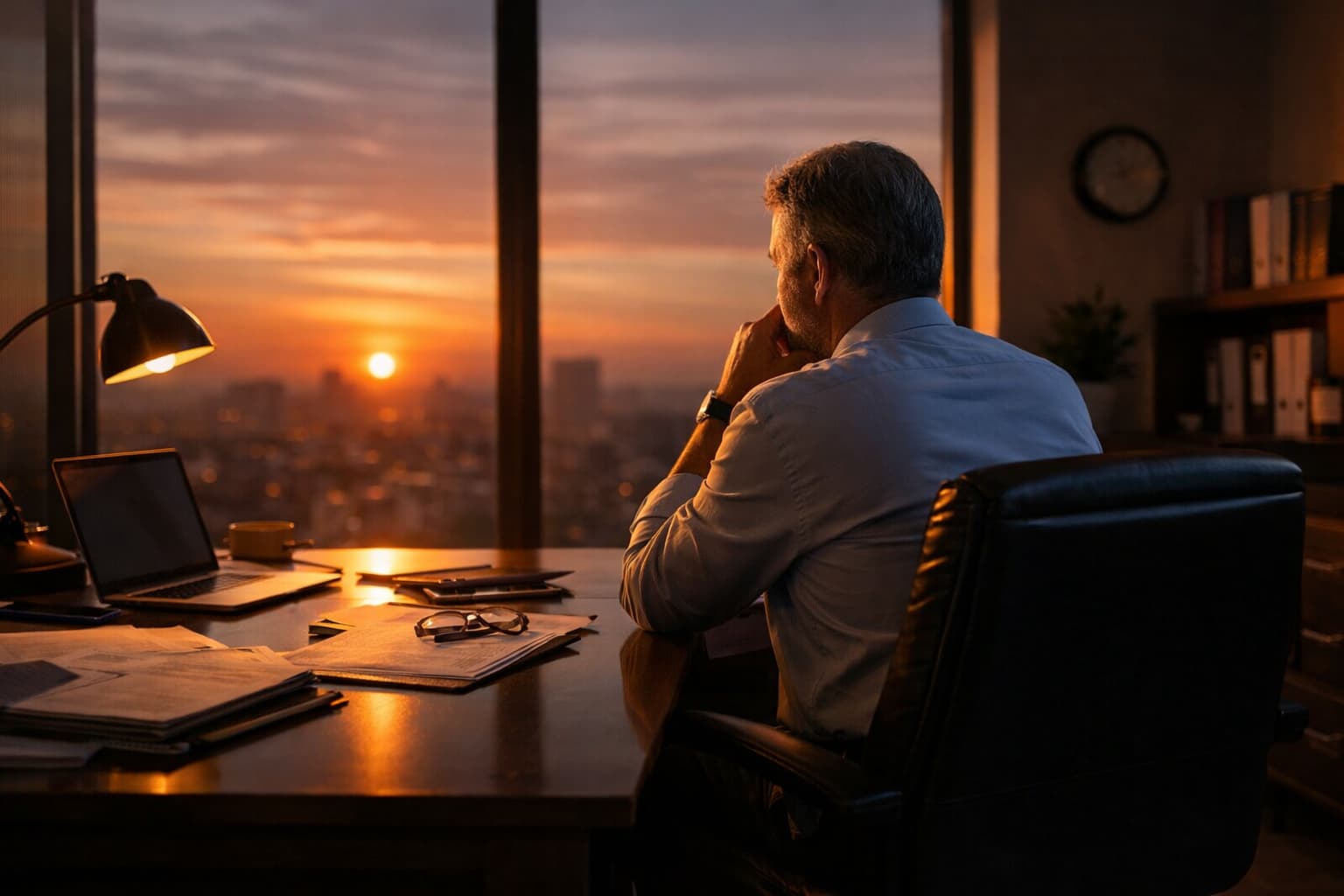 Homem de meia-idade sentado em escritório, olhando pela janela durante o pôr do sol, com documentos e notebook sobre a mesa