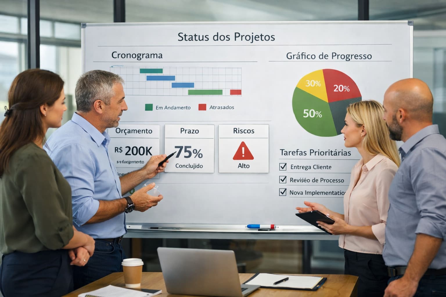 Grupo de gestores reunidos em frente a um painel com indicadores de prazo, orçamento e riscos de projetos.