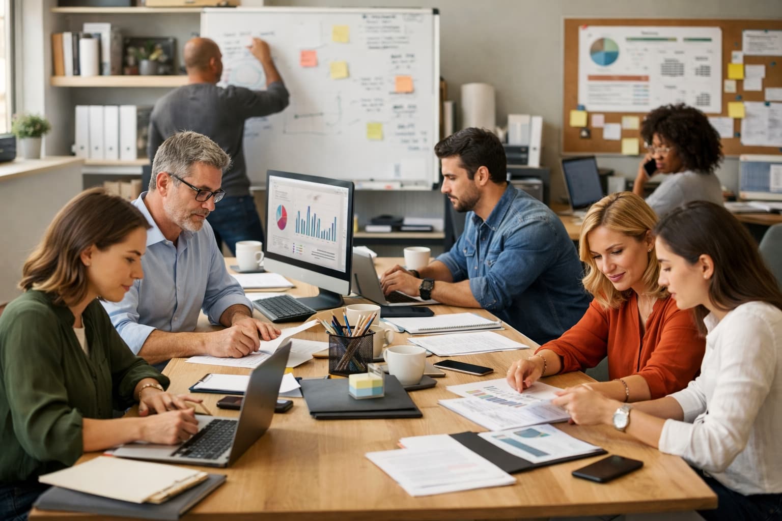 Grupo de profissionais trabalha em conjunto em um escritório, analisando documentos e dados, sem uma figura central de comando.