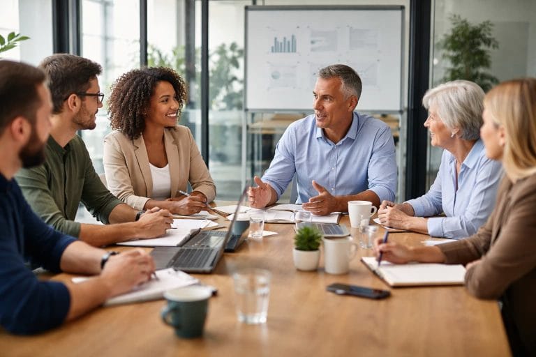 Grupo de profissionais reunidos em torno de uma mesa, conversando e analisando informações durante uma reunião de trabalho organizada.