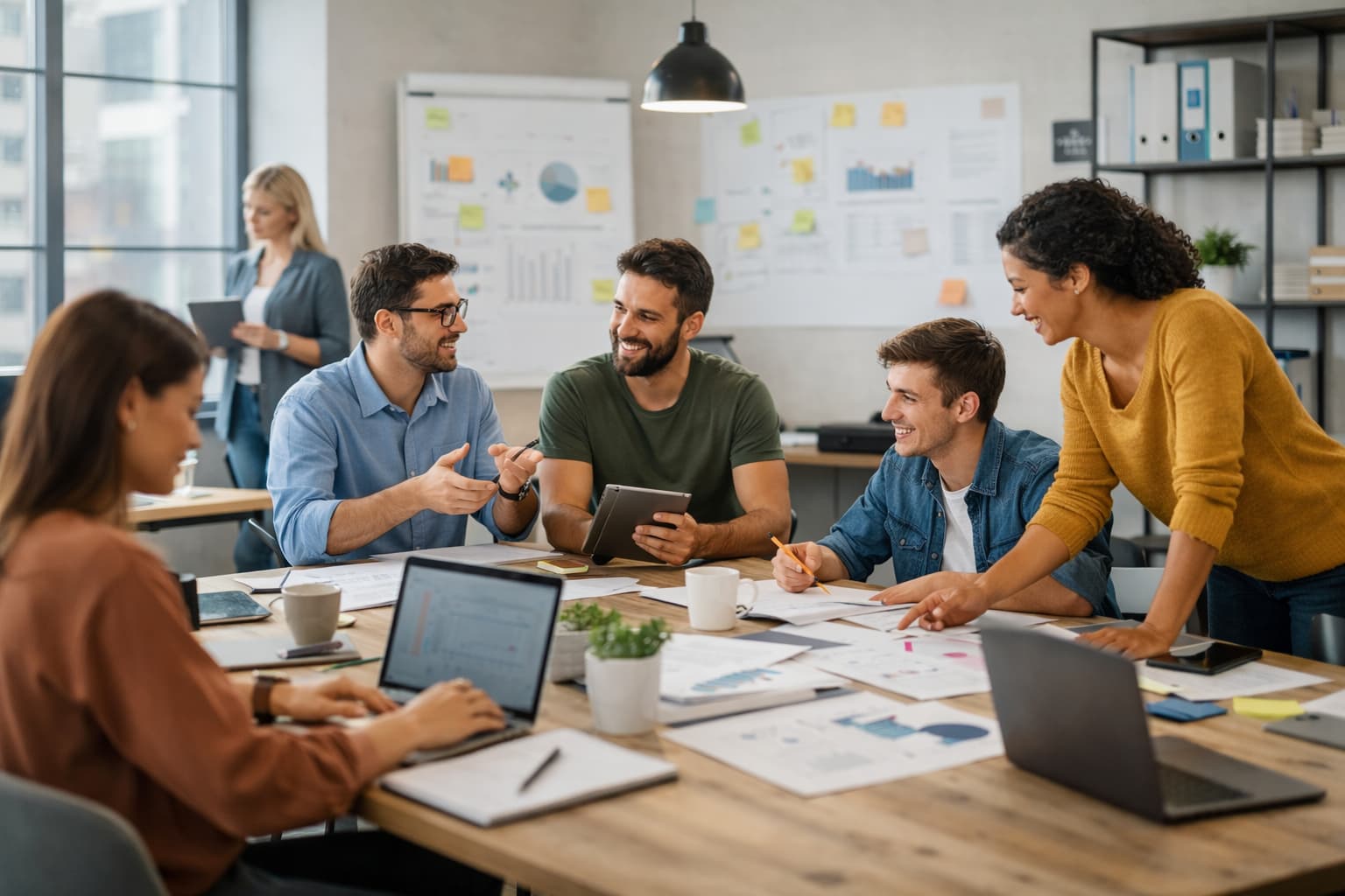 Grupo de profissionais reunidos em mesa de trabalho, trocando informações e tomando decisões em conjunto, sem presença de liderança hierárquica evidente