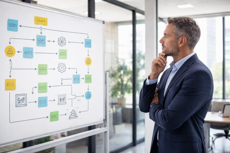 Executivo observa um quadro com fluxos de processos organizacionais simplificados em um escritório moderno com luz natural.