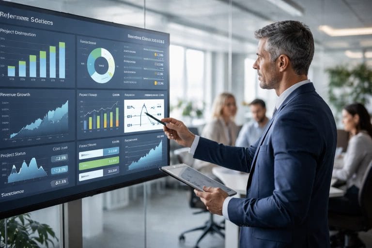 Executivo observa painel digital com gráficos de desempenho enquanto equipe acompanha discussão em sala de reunião corporativa.