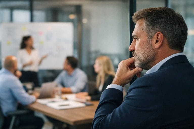Homem executivo observa reunião de equipe enquanto profissional apresenta dados em um quadro branco