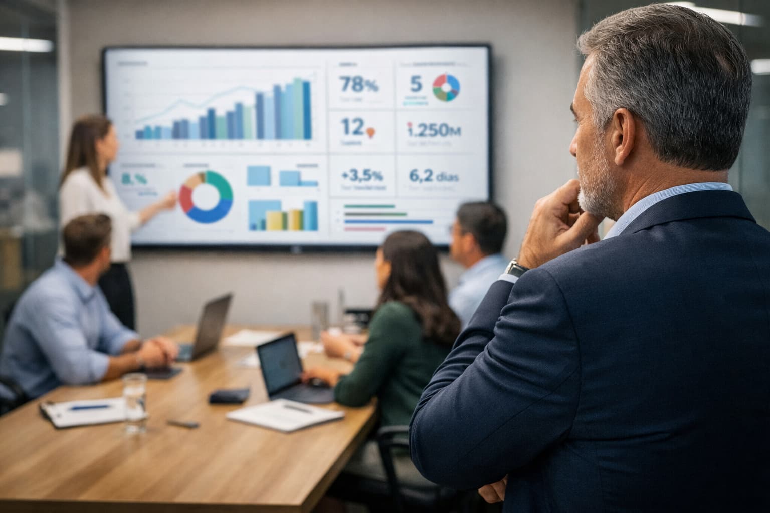 Executivo em pé observa reunião de equipe enquanto indicadores de desempenho são exibidos em um painel digital na sala.