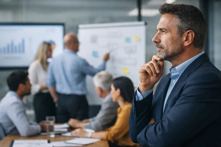 Homem de terno observa equipe reunida ao redor de um quadro com gráficos e anotações, enquanto profissionais discutem dados em sala de reunião corporativa.
