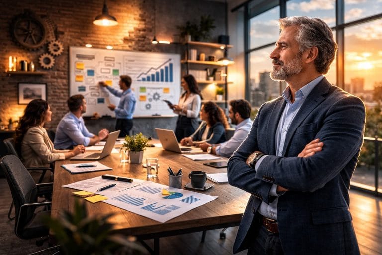 Executivo maduro em primeiro plano observa equipe reunida ao fundo, analisando gráficos e indicadores em uma sala de reunião corporativa.