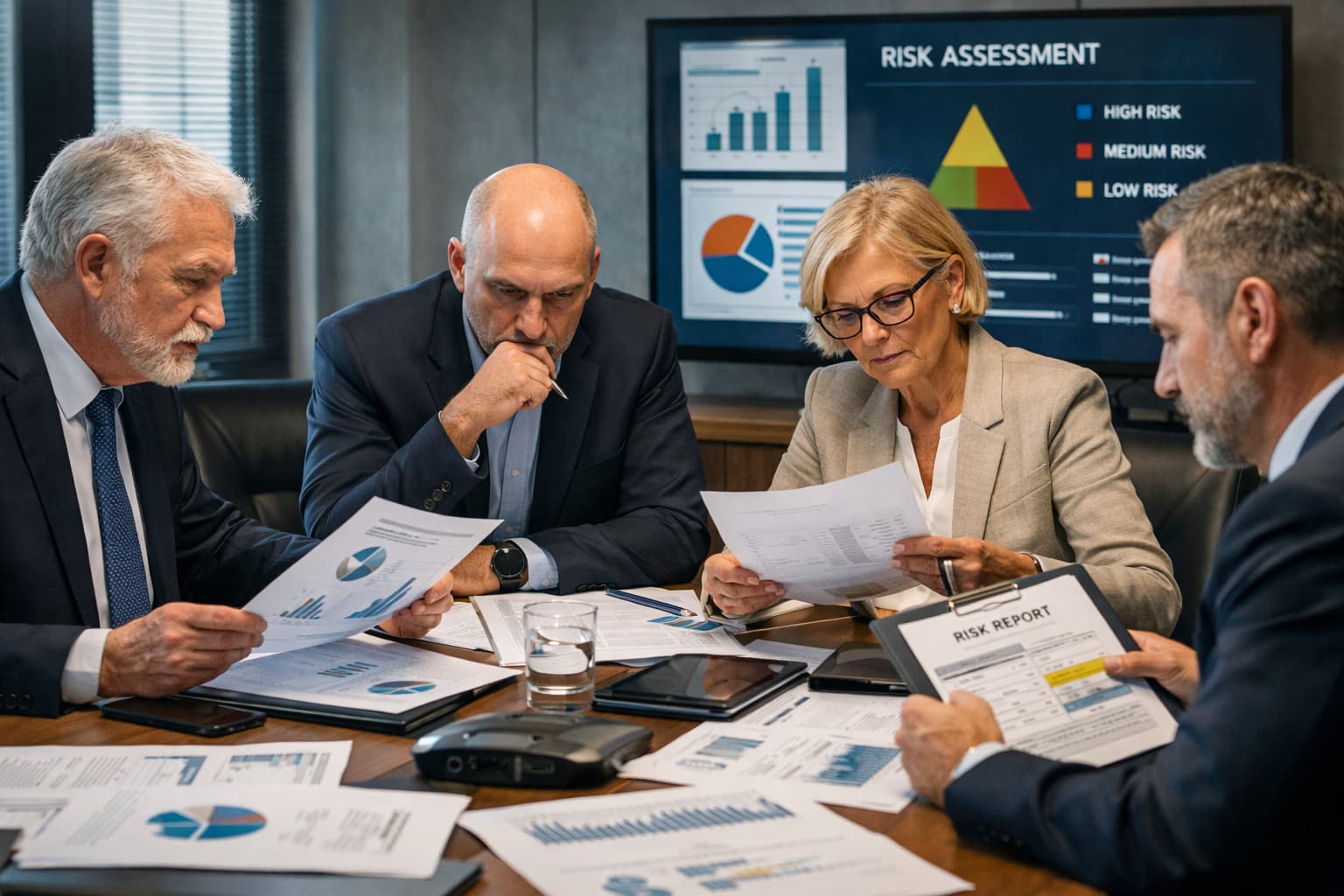 Grupo de executivos sentados em uma mesa de conselho analisando relatórios financeiros e documentos de risco durante reunião estratégica