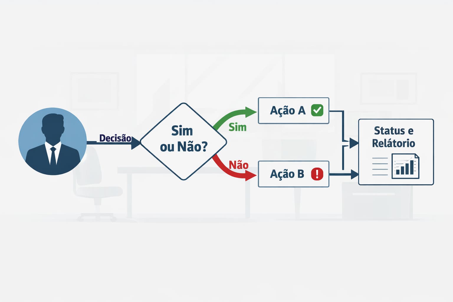 Diagrama simples mostrando um fluxo de decisão com caminhos claros de aprovação e acompanhamento, sem concentração das escolhas em uma única pessoa.