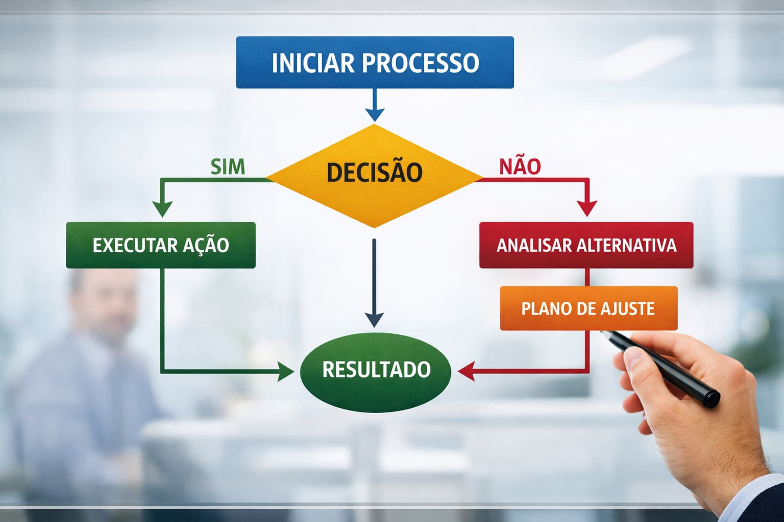 Diagrama de fluxo em um quadro de vidro mostra um processo de decisão com caminhos de sim e não, levando a execução de ação ou análise alternativa até o resultado final.