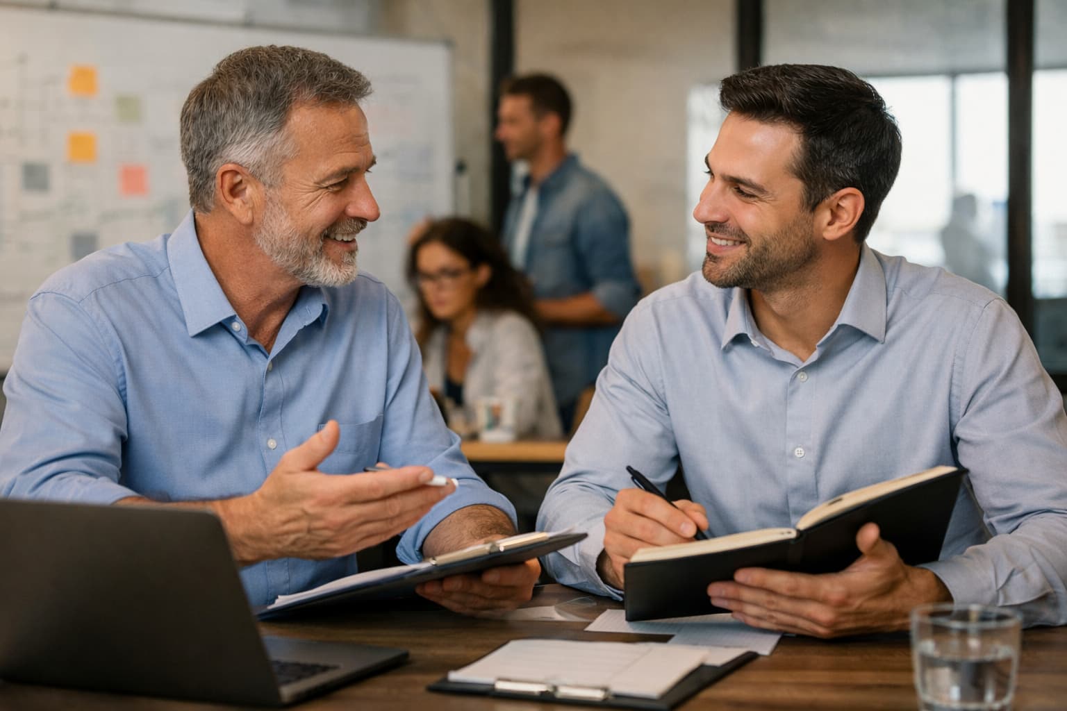 Dono de empresa conversa com gestor em reunião, analisando anotações e documentos sobre mesa em ambiente corporativo.