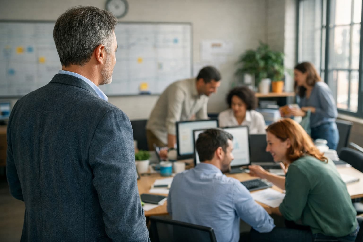 Gestor observa equipe trabalhando de forma colaborativa em escritório, sem intervir nas atividades, enquanto projetos seguem em andamento