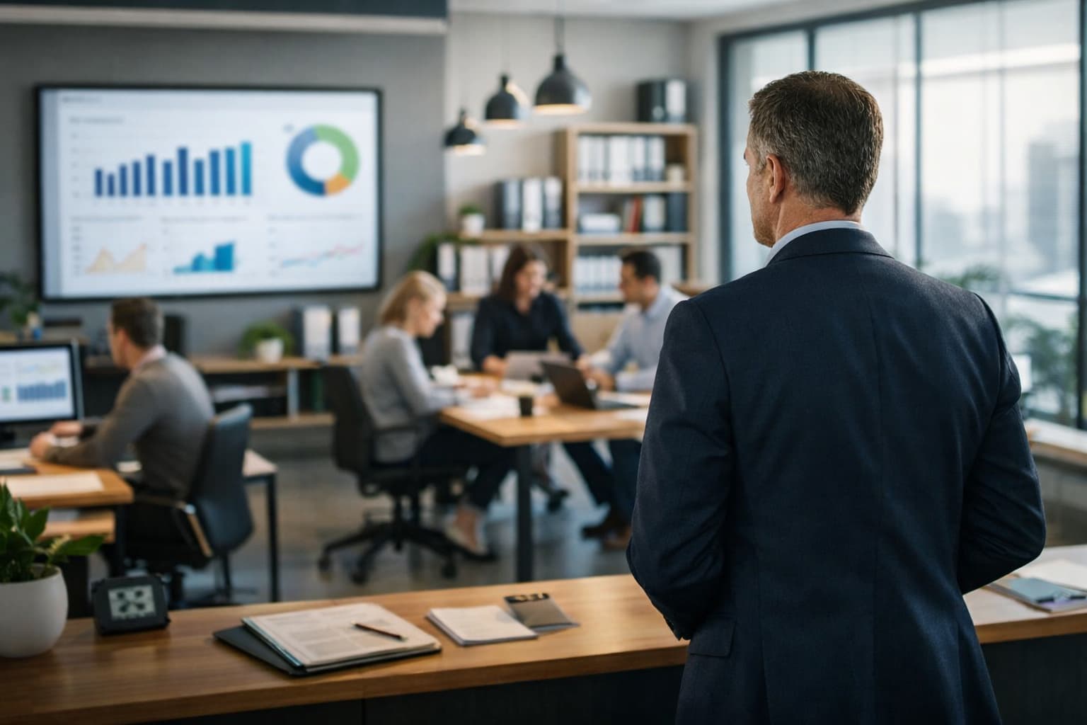 Gestor observa a equipe trabalhando em um escritório organizado, com indicadores exibidos ao fundo e pessoas reunidas em atividades operacionais.