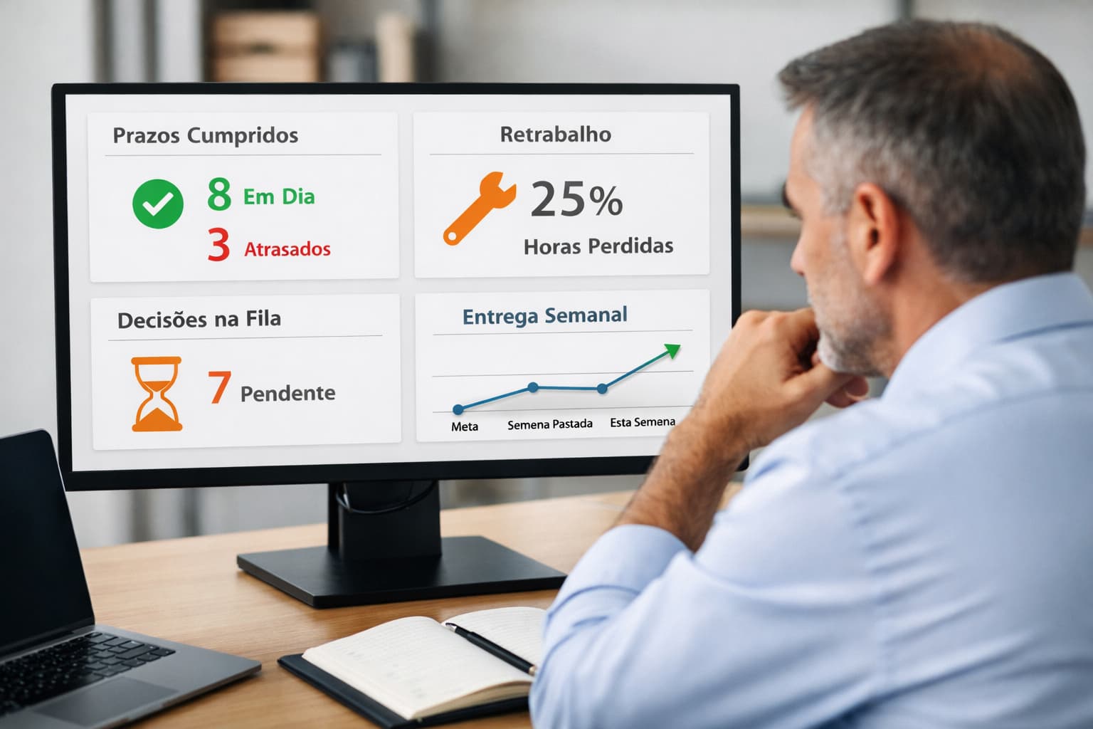 Gestor observa um painel digital com poucos indicadores de prazo, retrabalho e decisões pendentes em um ambiente de trabalho organizado.