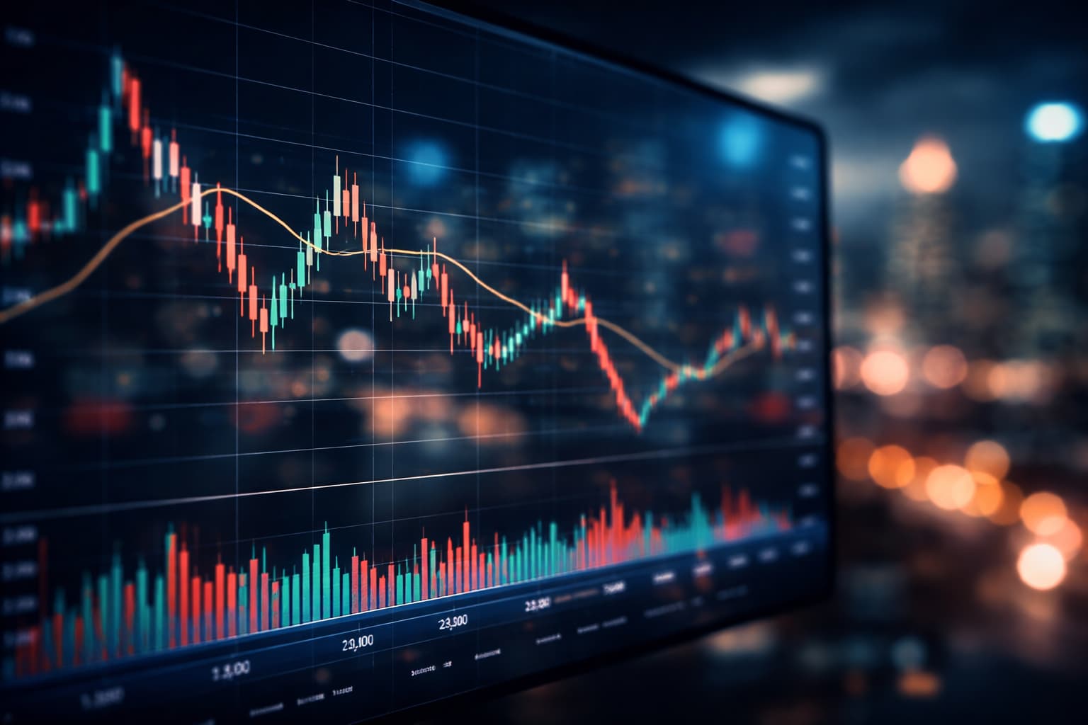Tela com gráfico financeiro de velas e linhas de tendência, indicando oscilações de preços em ambiente corporativo desfocado ao fundo.