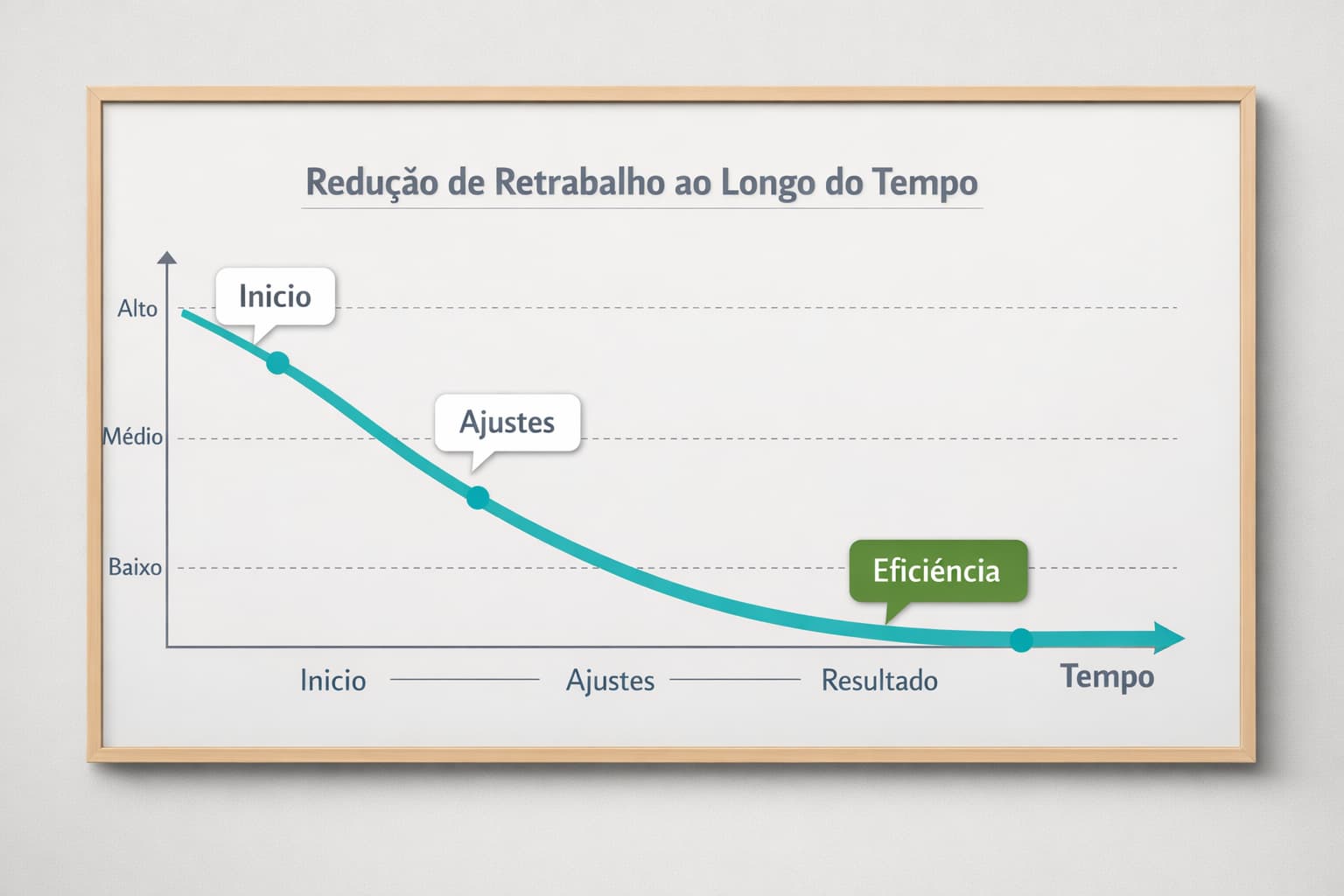 Quadro minimalista com gráfico de linha descendente indicando redução de retrabalho ao longo do tempo, com eixo horizontal representando tempo e eixo vertical níveis de retrabalho.
