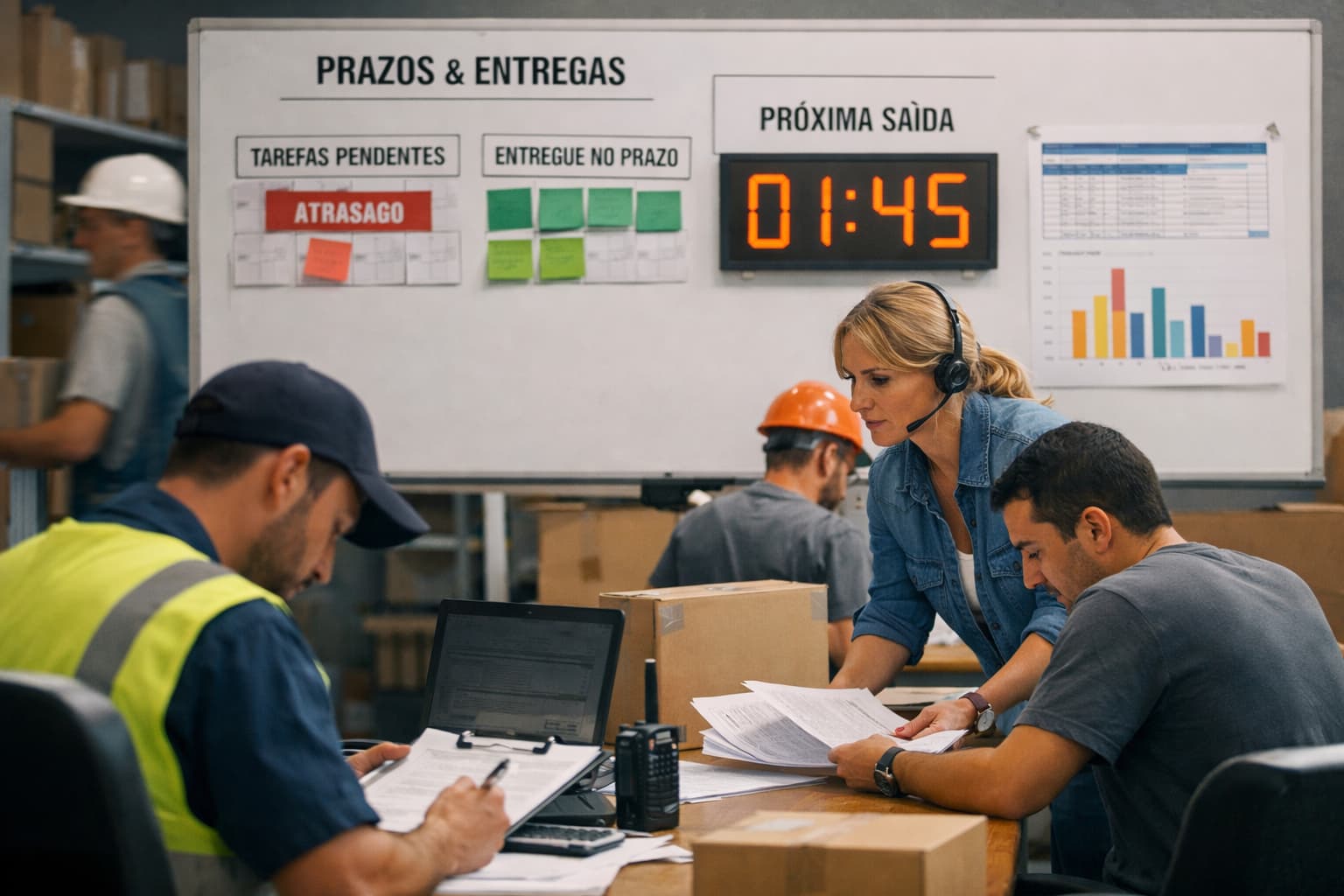 Equipe operacional analisa documentos e tarefas enquanto acompanha prazos e entregas em um painel visível no ambiente de trabalho.