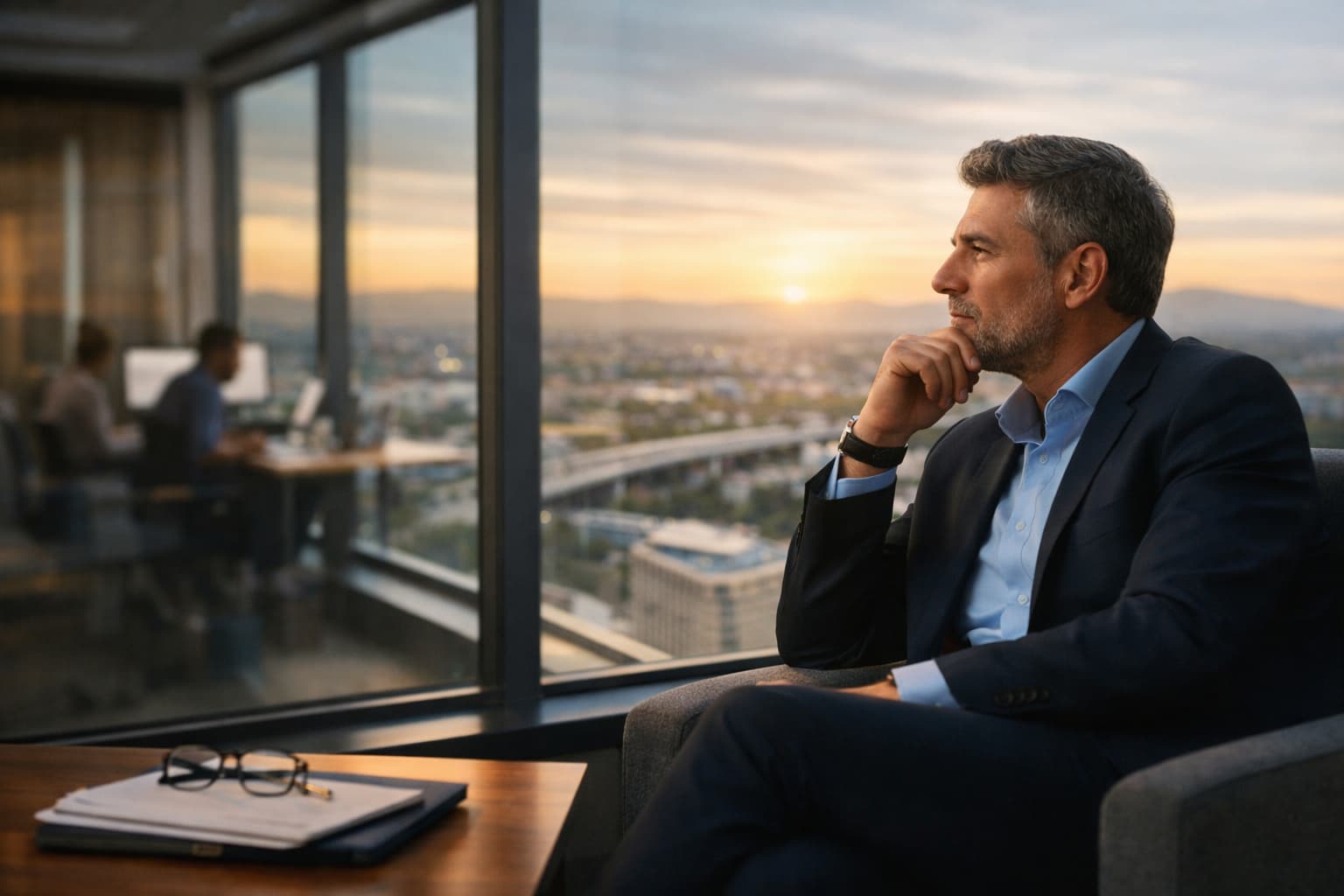 Empresário sentado próximo a uma janela, observando a cidade enquanto reflete, com a equipe trabalhando ao fundo em um escritório moderno.