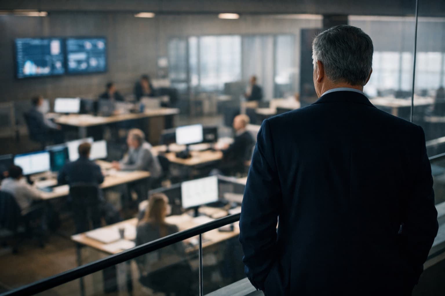 Executivo observa equipes trabalhando em um escritório aberto, visto de um andar superior, sem interação direta com os colaboradores.