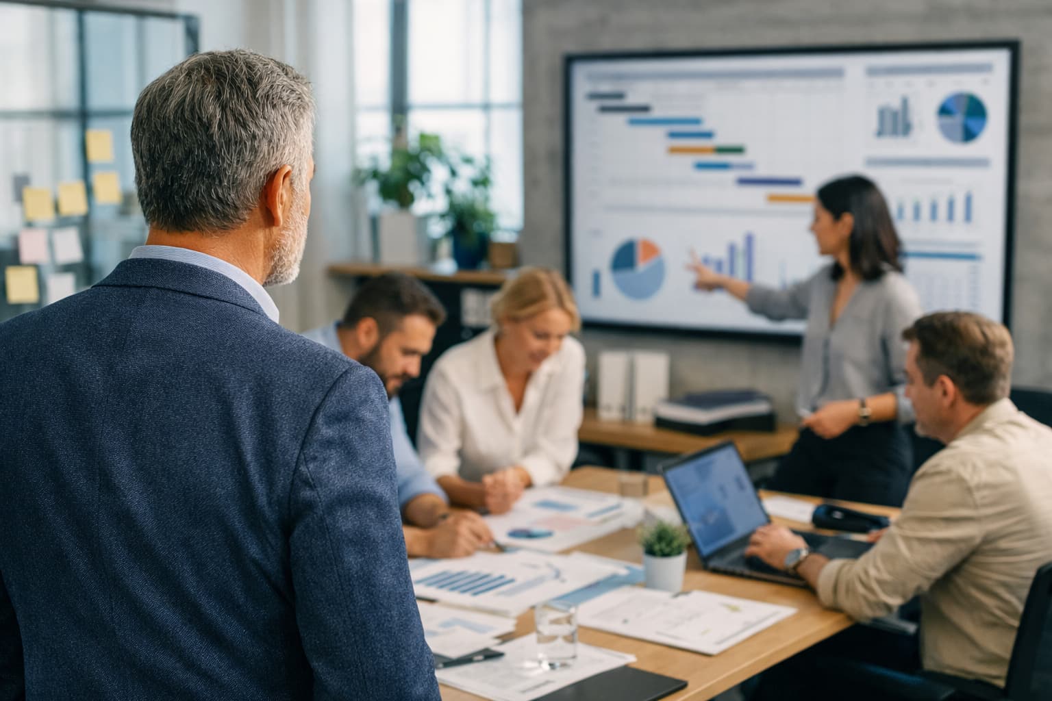 Gestor acompanha à distância uma equipe reunida em sala de reuniões, analisando indicadores e conduzindo decisões sem intervenção direta.