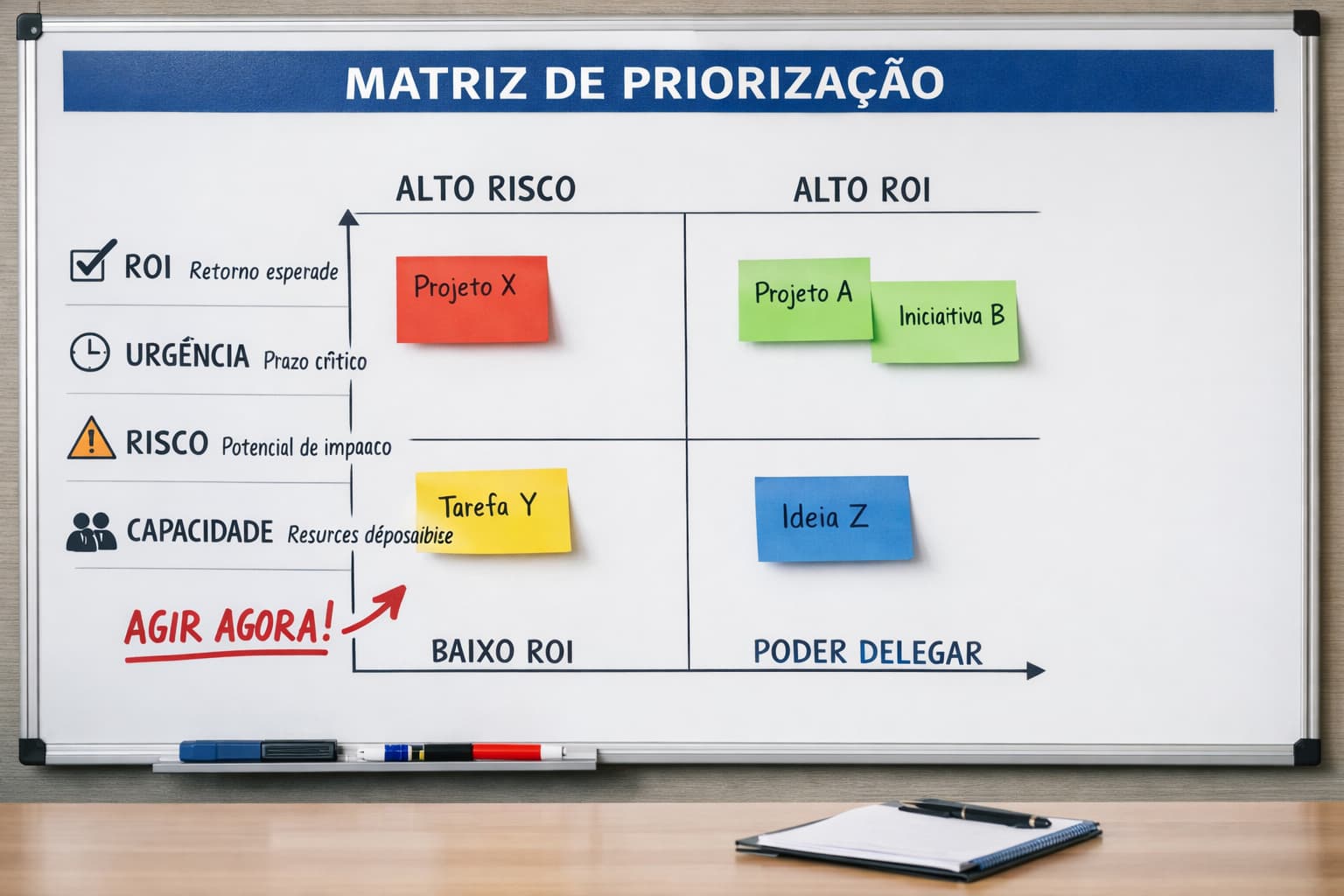 Quadro branco com matriz dividida em quatro quadrantes, post-its com nomes de projetos e critérios como ROI, urgência, risco e capacidade ao lado.