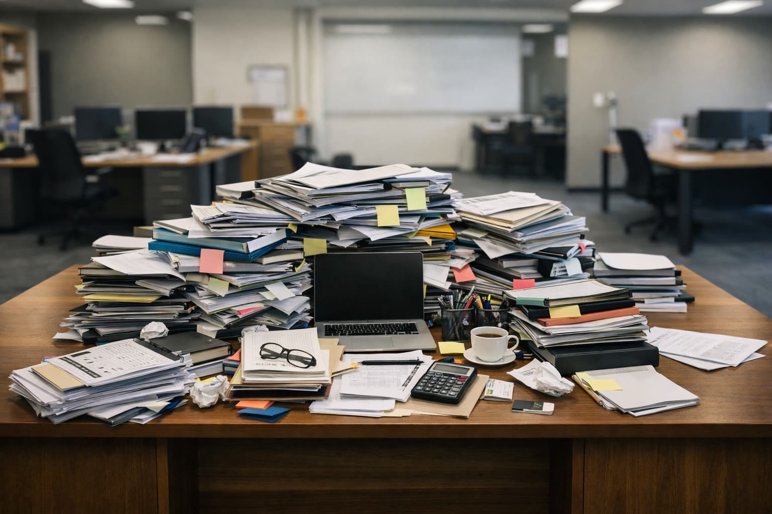 Mesa central coberta por pilhas de documentos, computador e objetos de trabalho, enquanto as estações ao redor permanecem vazias em um escritório corporativo