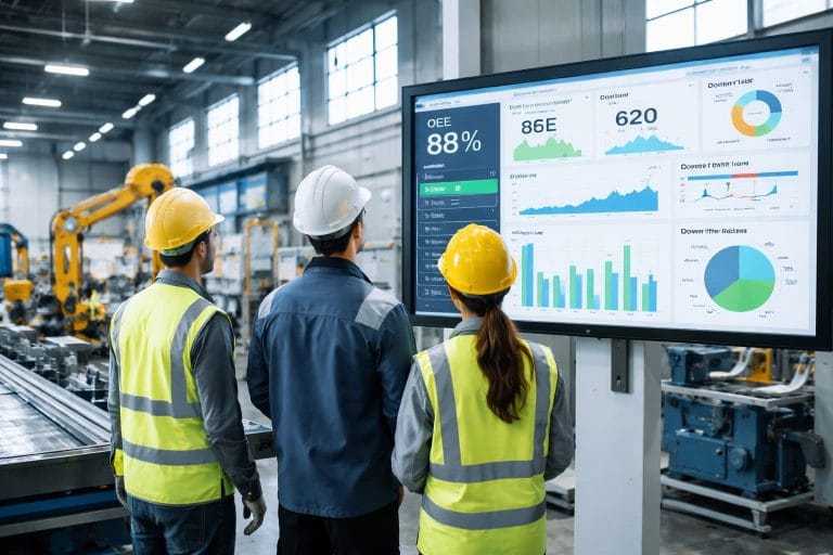 Operadores com capacetes e coletes acompanham painel digital de indicadores de produção em ambiente industrial organizado