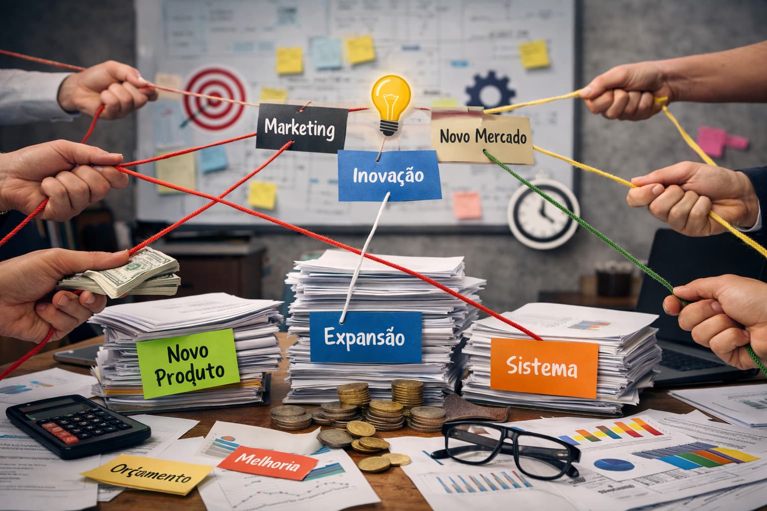 Mesa de trabalho com pilhas de documentos e etiquetas de projetos puxadas por diferentes mãos, indicando disputa simultânea por recursos financeiros e operacionais.
