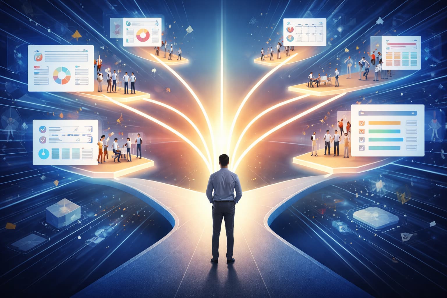 Ilustração mostra vários projetos representados por painéis e equipes convergindo para um único ponto de decisão central, com um gestor observando o cenário.