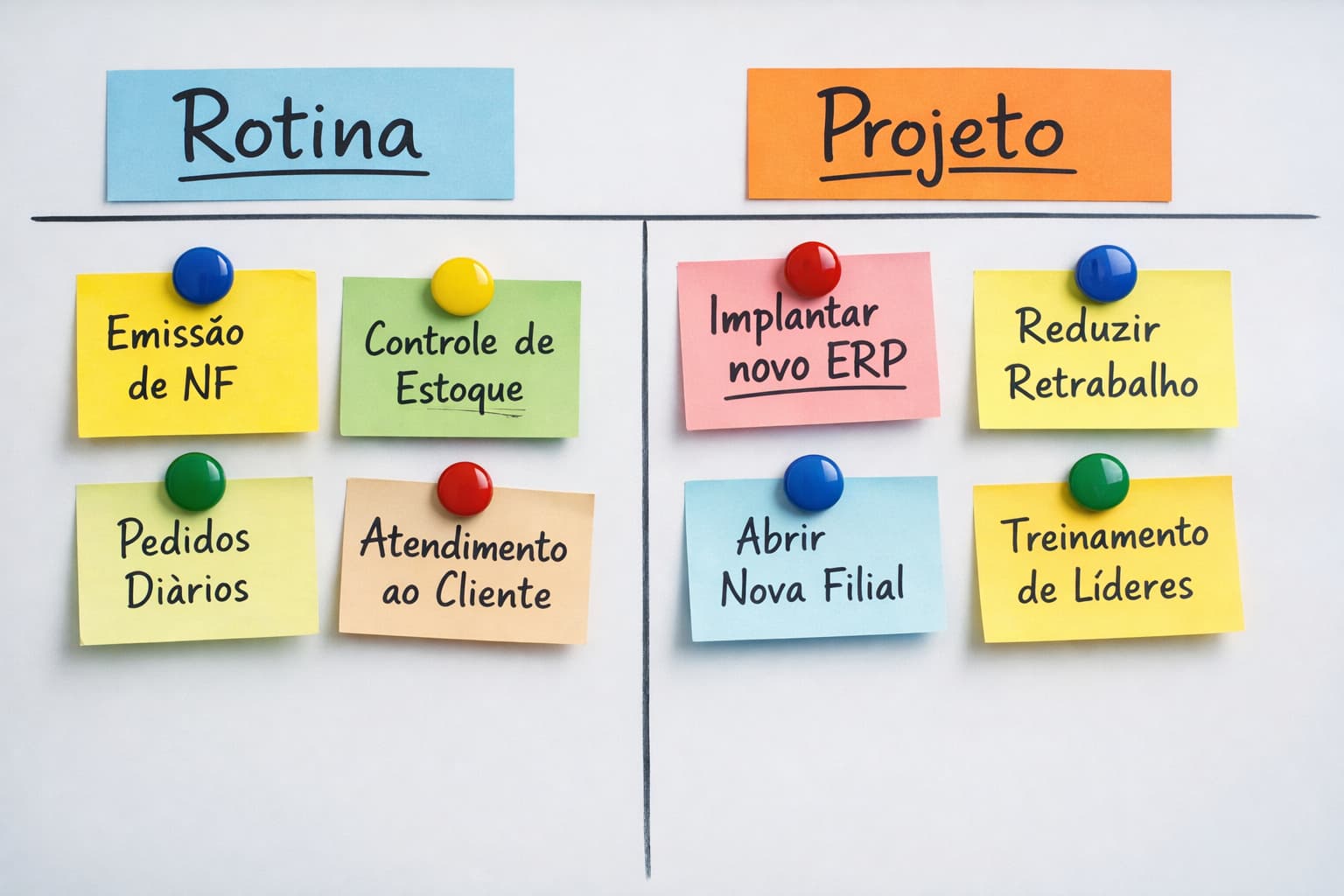 Quadro branco com colunas identificadas como Rotina e Projeto, contendo post-its com tarefas como emissão de nota fiscal, controle de estoque, implantação de ERP e abertura de filial.
