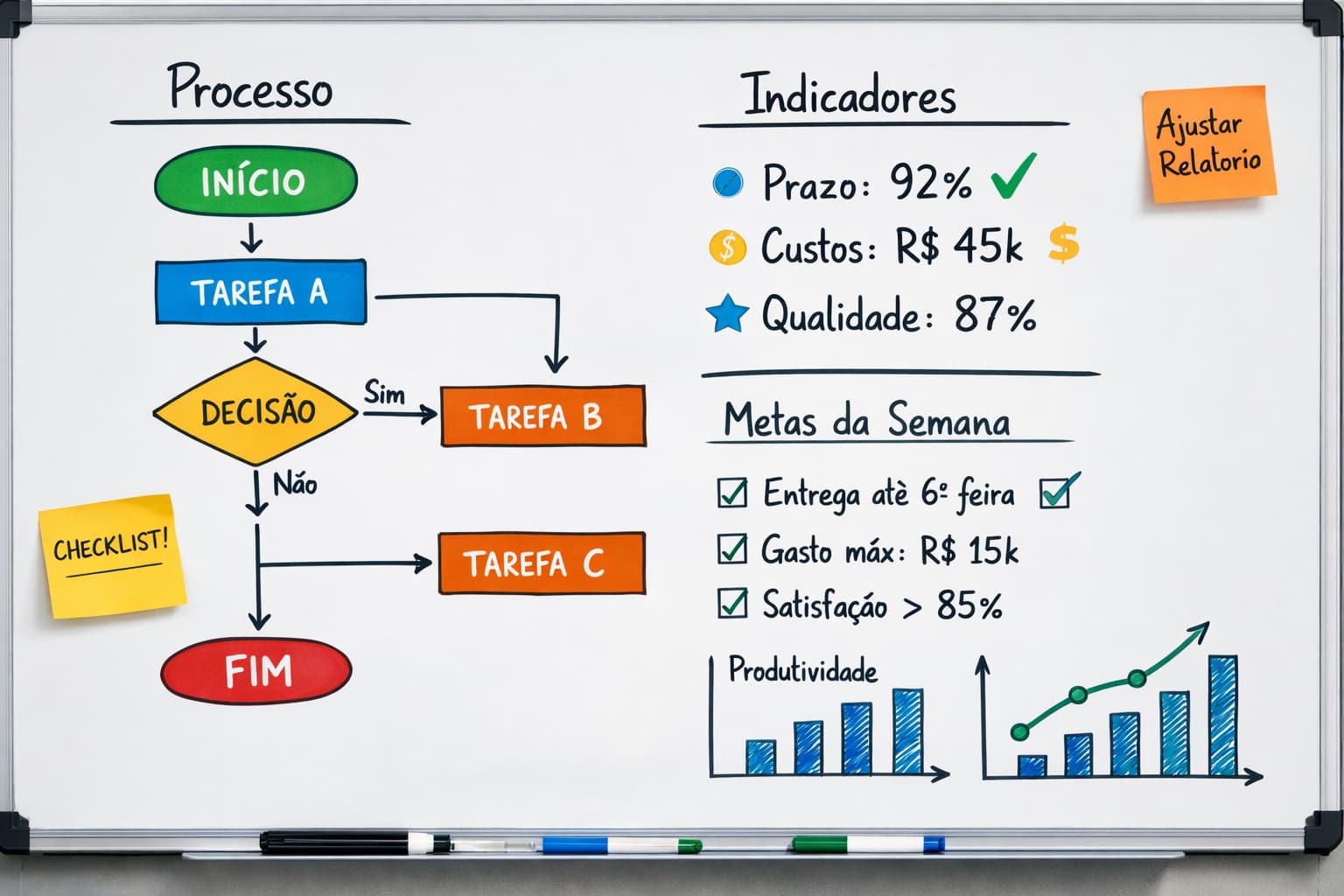 Quadro branco exibindo fluxograma com etapas de processo, ponto de decisão e lista de indicadores como prazo, custo e qualidade, além de metas semanais.