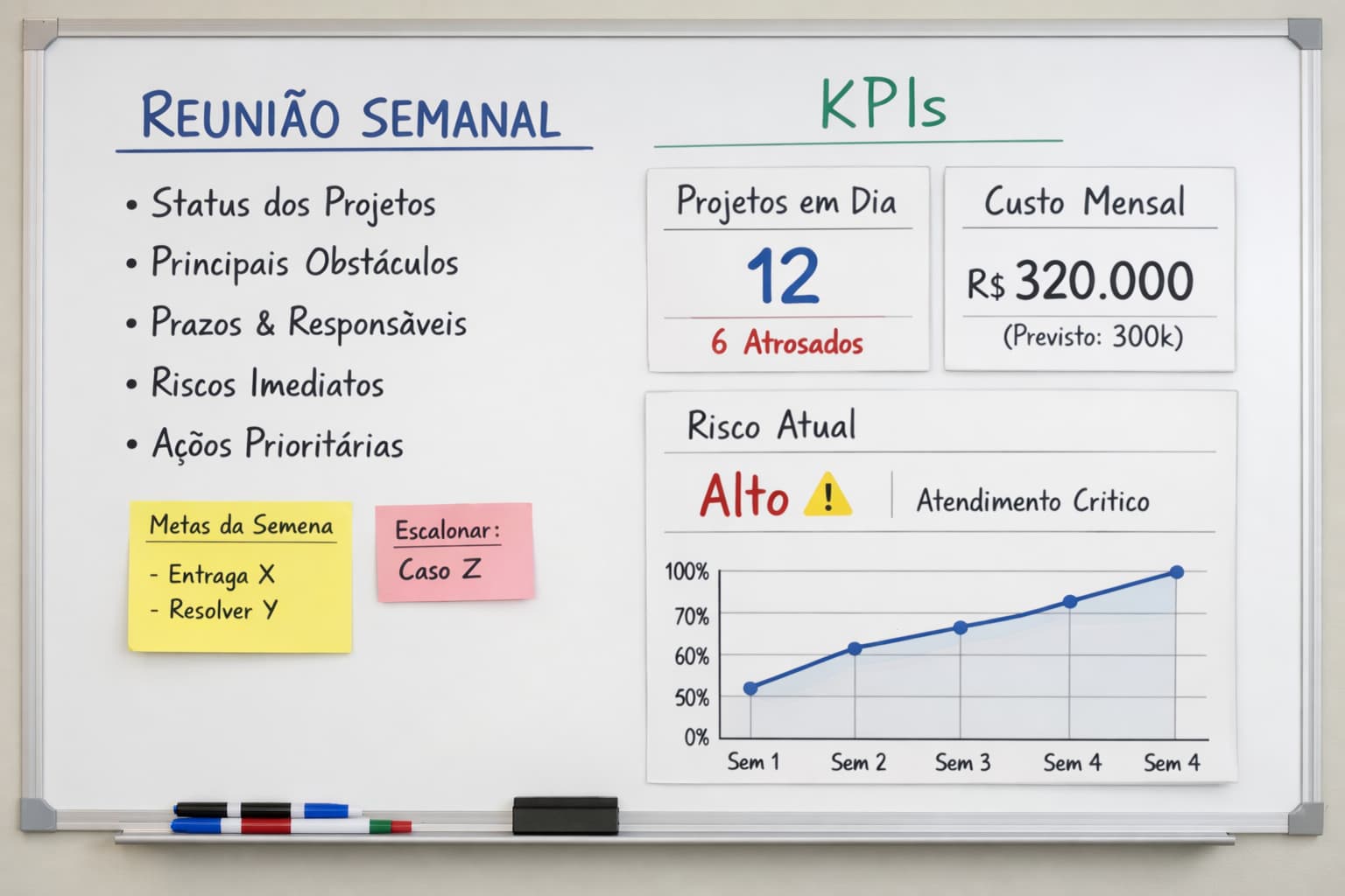 Quadro branco em escritório com agenda de reunião semanal, lista de projetos, metas da semana e painéis de KPIs como projetos em dia, custo mensal e nível de risco.