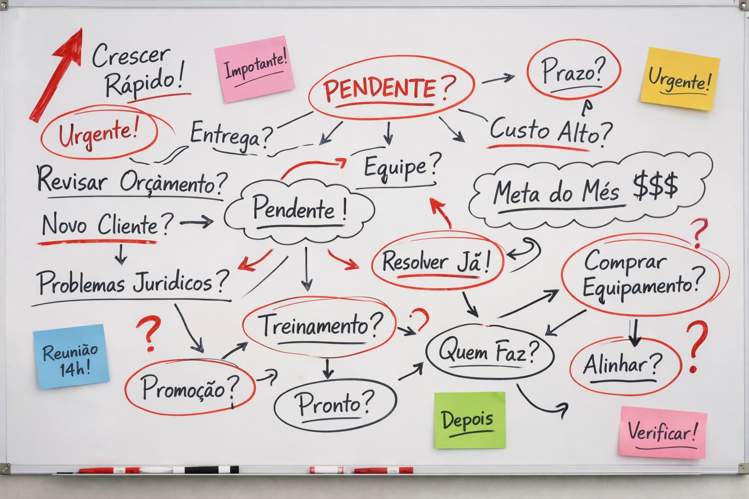 Quadro branco de escritório com anotações espalhadas, setas, círculos em vermelho e post-its marcando tarefas como prazo, orçamento e equipe sem definição clara de prioridade.