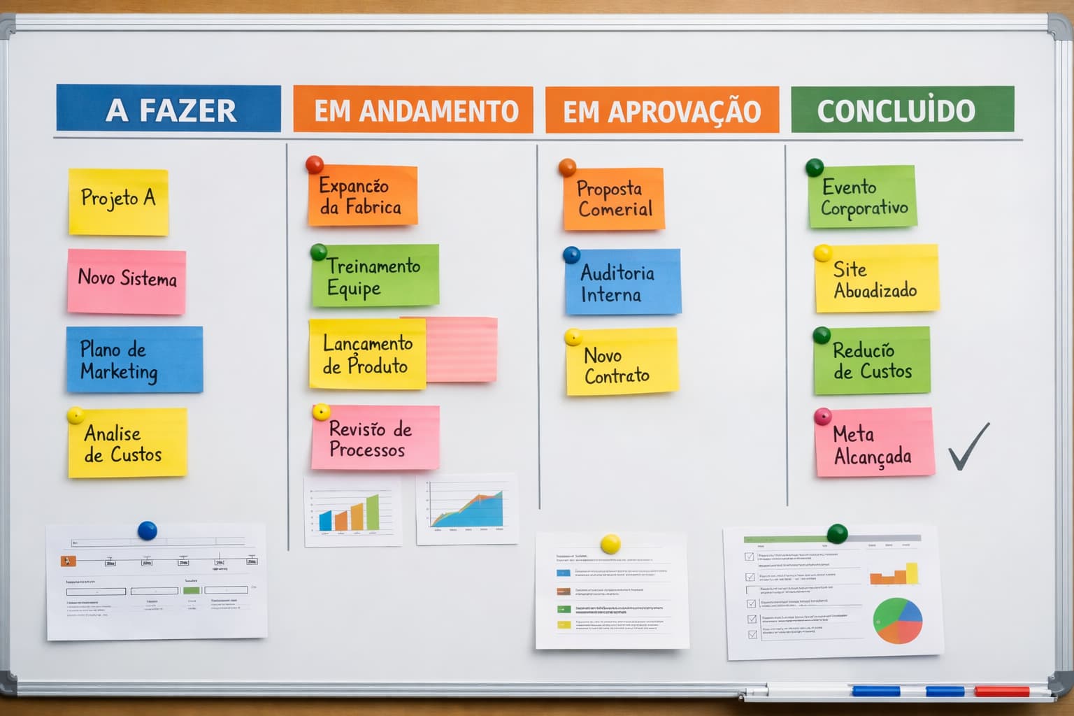 Quadro branco com colunas de tarefas como “a fazer”, “em andamento” e “concluído”, preenchidas com post-its que representam projetos e atividades da empresa.