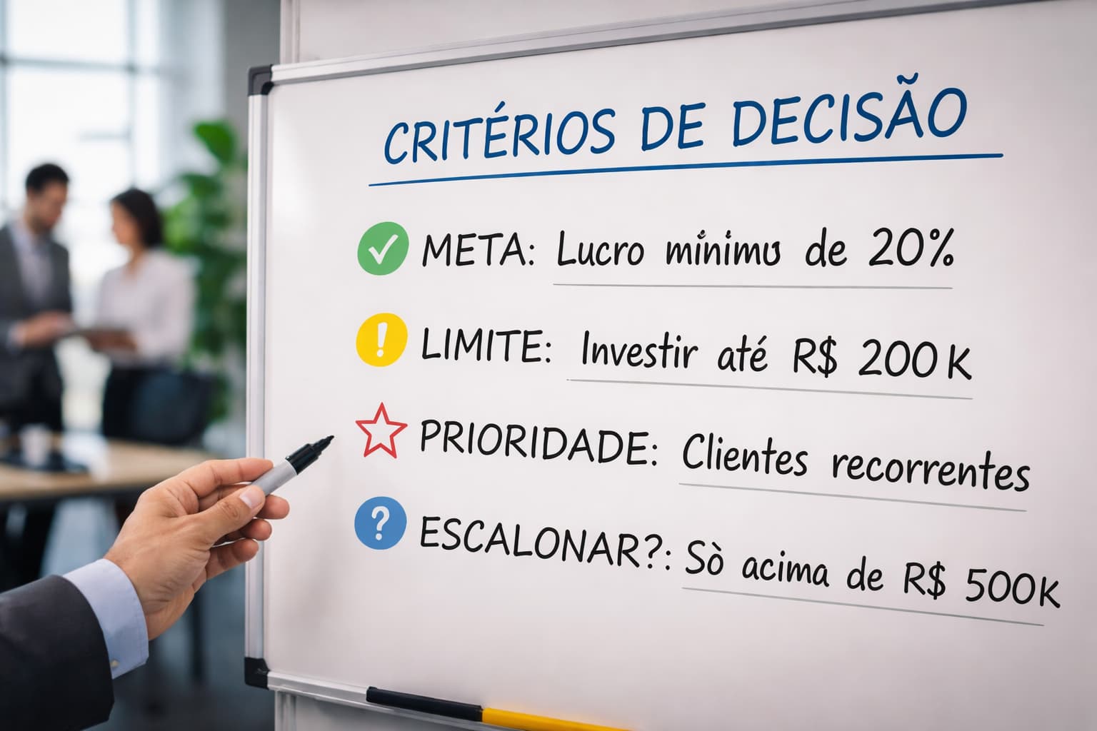 Mão aponta para um quadro branco com critérios de decisão escritos, enquanto equipe discute ao fundo em um ambiente corporativo