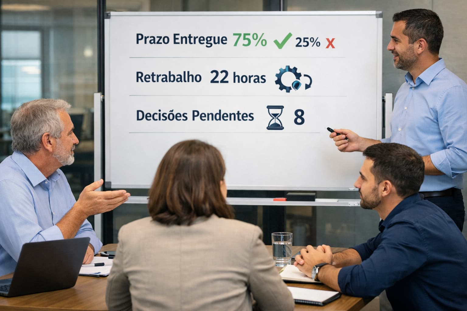 Equipe reunida em torno de um quadro branco com poucos indicadores visuais, analisando prazos, retrabalho e decisões pendentes em um ambiente corporativo.