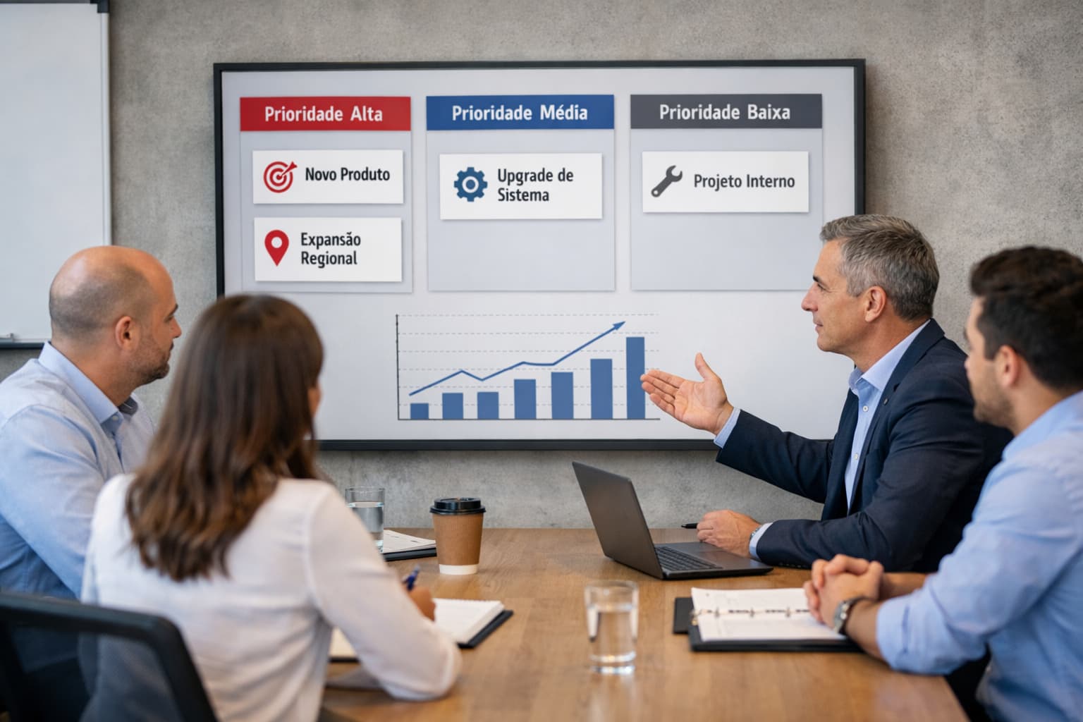 Grupo de profissionais reunido em sala corporativa, analisando em uma tela um quadro com projetos organizados por nível de prioridade.