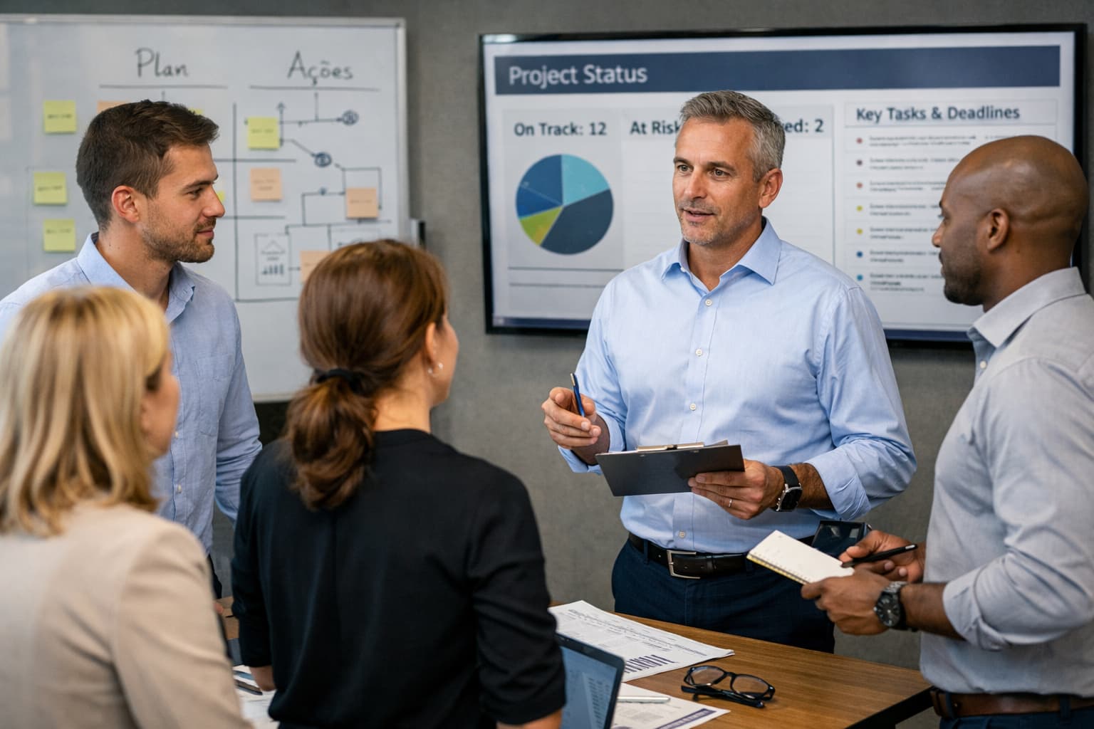 Gestor conduz reunião rápida em pé com quatro profissionais, diante de painel com gráficos e status de projetos exibidos na tela