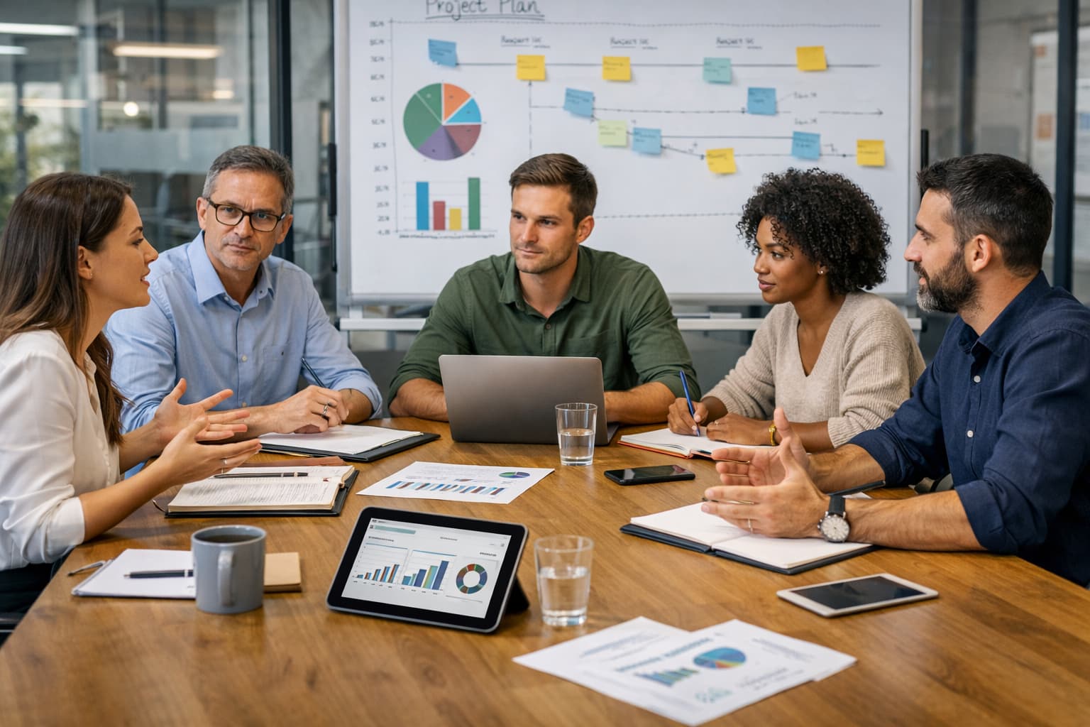 Equipe de cinco profissionais reunida em sala de reunião, discutindo indicadores e gráficos exibidos em quadro ao fundo, sem líder central dominante.
