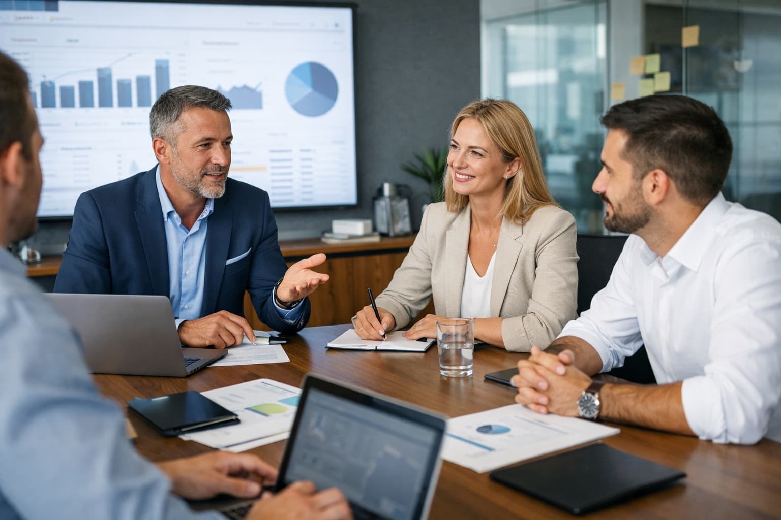 Profissionais sentados em mesa de reunião analisam dados e discutem decisões em um ambiente corporativo organizado.